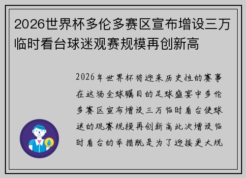 2026世界杯多伦多赛区宣布增设三万临时看台球迷观赛规模再创新高 2026世界杯多伦多赛区宣布增设三万临时看台球迷观赛规模再创新高